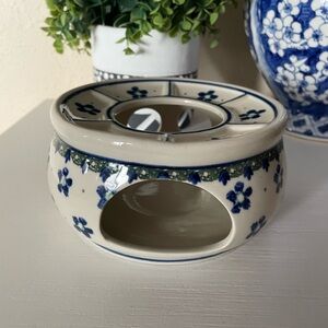 Vintage Blue Green Rose Polish Pottery Kalina ceramic round teapot warmer